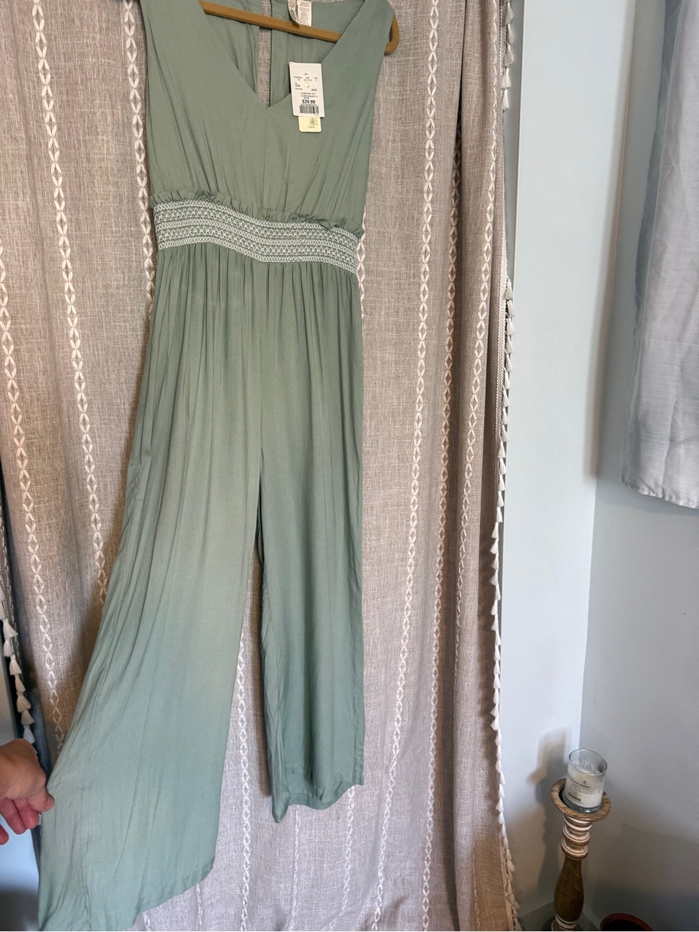 Japna Sage Green V-Neck Wide Leg Jumpsuit with Smocked Waist